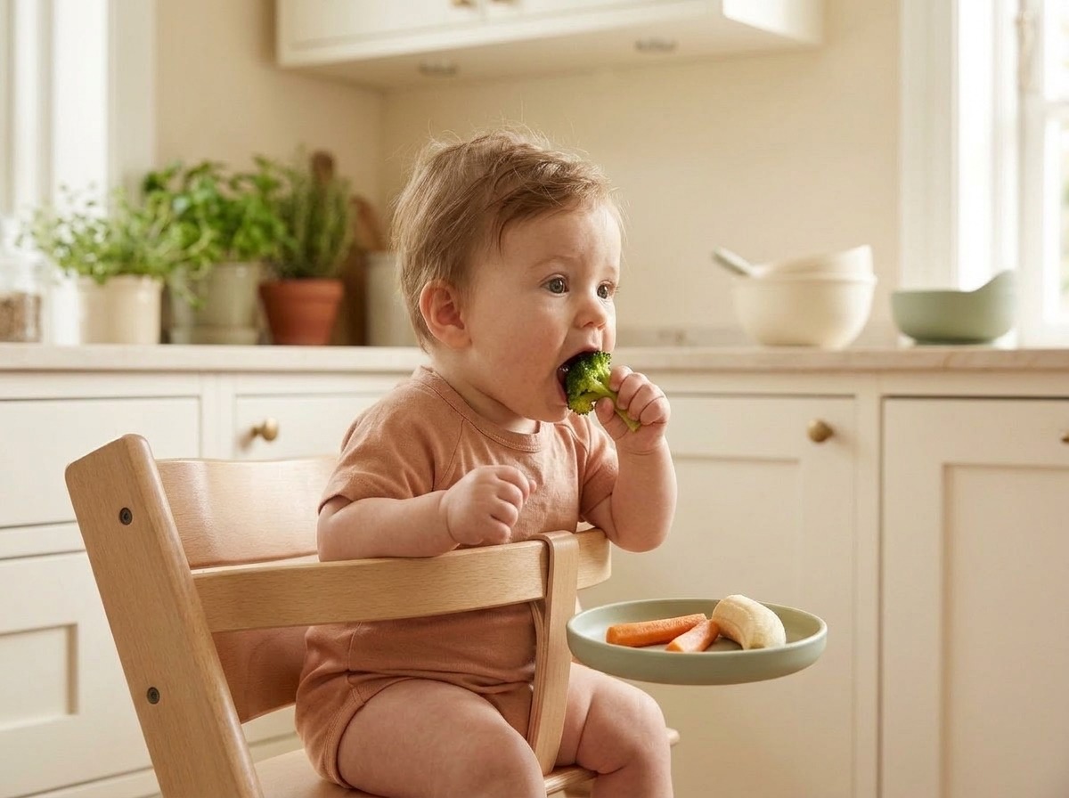 Baby leaning toward a spoon with interest