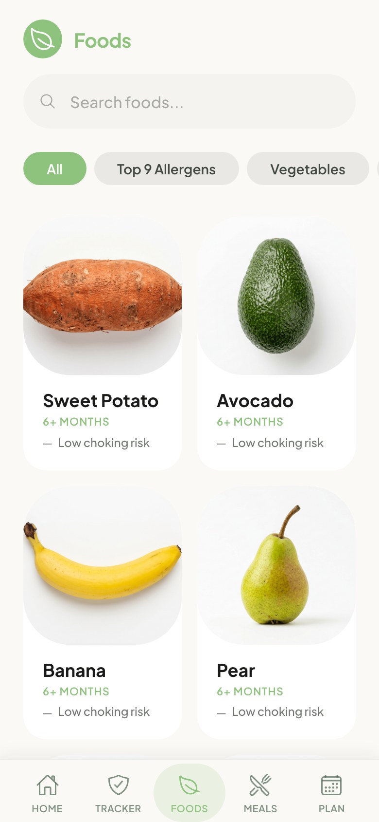 Foods library screen